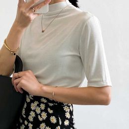 Summer Korean Women's Half High Collar Solid Modal Short Sleeve T-shirt Pullover Fashion White Balck Tops Female 210607