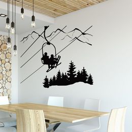Skiing Wall Decal Living Room Skier Ski Lift Chair Mountain Pine Tree Sticker Winter Sports Vinyl Wall Stickers Home Decor D929 210308