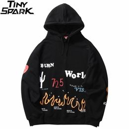 Harajuku Hoodie Sweatshirt Men Streetwear Fire Flame Graffiti Hip Hop Hoodie Pullover Cotton Fleece Winter Sweatshirt Black 201112