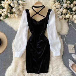Autumn Winter Black/White Patchwork Dress For Women Sexy Halter Long Sleeve Party Dresses Female Velvet Vestidos New Fashion G1214