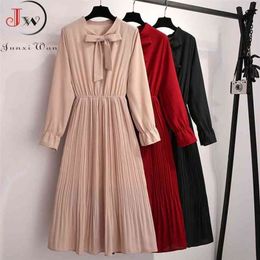 Casual Women Dress Chiffon Elegant Vintage Bow Collar Long Sleeve Autumn Winter Midi Shirt Dresses Solid Slim Clothes Robe 210915