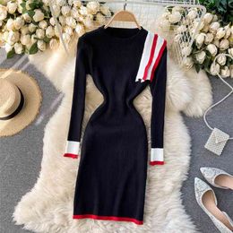 Lady Fashion Knitted Sweater Dress Women Autumn Winter Round Neck Ruffle Slim Fit Long Sleeve Vestidos De Mujer Q639 210527