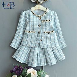 Humour Bear Girl Clothing Set Spring Autumn Long Sleeve Plaid Printed Cardigan +Skirt 2PCS Casual Kids Clothes 211025