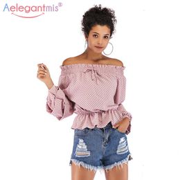 Aelegantmis Sexy Off Shoulder Polka Dot Women Tops Summer Ruffles Puff Sleeve Chiffon Blouse Ladies Slash Neck Casual Shirt 210607