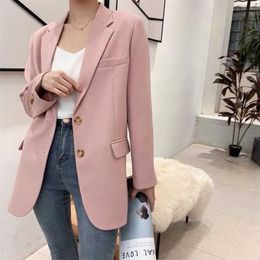 Pink Blazer Women's Korean Version British Fashion Chic Streetwear Office Ladies Elegant Casual Loose Long Sleeve Jacket 211122