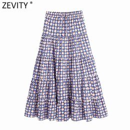 Zevity Women Vintage Geometric Print Pleats Casual Midi Skirt Faldas Mujer Female Elastic Waist Pockets A Line Vestidos QUN792 210621