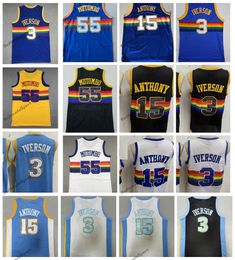 Vintage 1991-92 Basketball Jerseys Mens 55 Dikembe Mutombo 3 Allen Iverson 15 Carmelo Anthony Snow Mountain Light Blue Black Stitched Jersey S-XXL