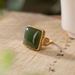 Inlaid Natural Hetian Green Jade Ring Geometric Shape Design Retro Women's Opening Adjustable Fine Jewelry K0074