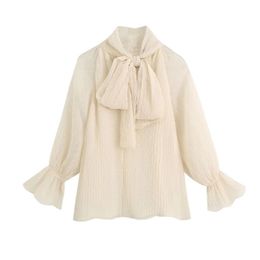 Woman Dot Flocking Chiffon Loose Shirt Femme Stand collar bow tie Blouse Casual Lady Lantern Sleeve Tops Smock Blusas S7962 210225