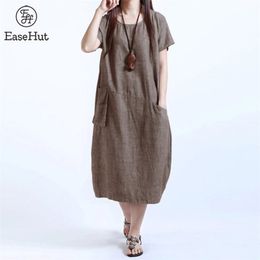 EaseHut O-neck Short Sleeve Women's Summer Dress One Piece Pockets Loose Casual Midi Dress Female 4XL 5XL Plus Size Vestido 210309