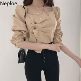 Neploe Chic High Waist Slim Fit Short Blouse Pleated Irregular Solid Blusas Mujer Autumn Spring Sexy Exposed Collarbone Shirt 210225