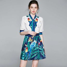 Women High quality Ruffles Bow blouse + floral Print skirt women summer Elegant two-piece suit Slim Skirt sets 210529