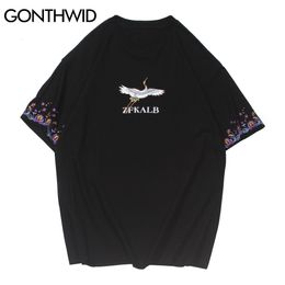 GONTHWID T-Shirts Summer Casual Harajuku Embroidery Cranes Lotus Flowers Short Sleeve Tees Cotton Hip Hop Loose Streetwear Tops C0315