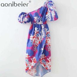 Printed Contrast Colour Summer One Shoulder Women Midi Dress Fashion Asymmetric Sleeves High Waist Female Wrap 210604