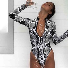 Leopard Swimsuit Long Sleeve Surfing Suit Snake Print Zipper Monokini Push Up Sexy Swimming for Women 210630