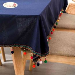 Proud Rose Navy Blue Table Cloth Tafellaken Cotton Linen cloths Creative Tassel cloth Cover Wedding Decoration 210626