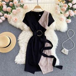 Women's Dress Summer Fashion Patchwork Short Sleeve V-neck Belted High Waist Cross Front Split Korean OL Work 210603