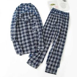 Cotton Man Autumn&Winter Long-sleeved Trousers Pyjama Set Plaid Mansleepwear Flannel Men Pyjamas Pijamas Big Size Sleepwear 211019