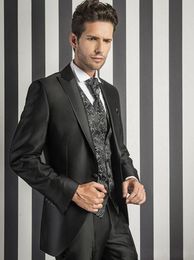 New Fashion Shiny Black Groom Tuxedos Groomsmen Excellent Black Peak Lapel Man Wedding Wear High Quality Men Party Prom Suit(Jacket+Pants+Tie+Vest) 2813