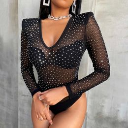 Women Sexy Black Sheer Mesh Studded Bodysuits 210716