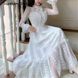 Woman's Dress White Lace patchwork long sleeve sweet casual maxi dress female party autumn vestido beading button 210603