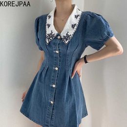 Korejpaa Women Dress Summer Korean Chic Retro Embroidered Lapel Stitching Pleated Single-Breasted Puff Sleeve Denim Vestido 210526