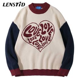 LENSTID Men Hip Hop Knitted Jumper Sweaters Cute Heart Letter Print Patchwork Streetwear Harajuku Autumn Casual Loose Pullovers 211221