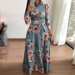 Plus Size Spring Autumn Womne's Dress Bohomia Flower Print Maixi Dresses Fashion Belt Tunic Boho Eveing Party Midi Dress Vestido 210303