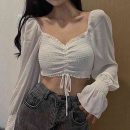 Women Tops And Bloues Sexy Women Long Sleeve Square Neck Shirt Drawstring Off Shoulder Blouse Crop Top H1230