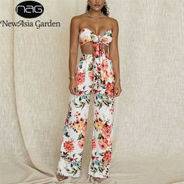 Asia Floral Crop Top Long Pant Two Piece Set Women Summer Sexy Off Shoulder Knotted Tops Wide Leg Pants Party 2 Sets 211105