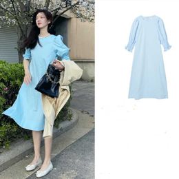 Minimalist Light Blue O-Neck Puff Short Sleeve Loose Dress Women Casual Vestido De Mujer Summer Chic Korean Fashion Sweet Dress 210527