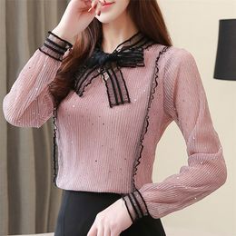 New arrival Spring Blouse Women Fashion Sequins Blouse Shirt Female Long Sleeve Bow tie Office Lady Clothing Tops 21302