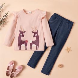 Arrival Autumn and Winter 2-piece Toddler Deer Print Flounced Long-sleeve Top Solid Pants Sets Children Clothing 210528