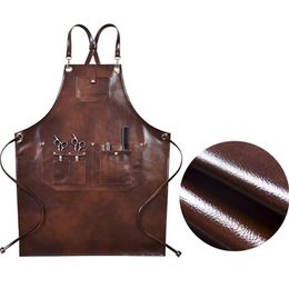 Brown PU Apron Crossback Strap Barista Bartender Pastry Chef Cafe Bistro BBQ Grill Uniform Florist Barber Carpenter WorkWear B97 210629