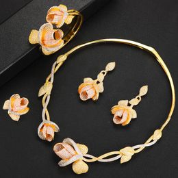 Earrings & Necklace KellyBola 4PCS Dubai Bridal Wedding Flower 4 PCS Jewellery Sets For Women Luxury CZ Necklace/Bracelet/Earrings/Ring