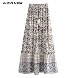 Bohemia Paisley Floral Print Long Skirt Spliced Ruched Ruffle Hem Hippie Women Tassel Tie Bow Swing Skirts Holiday Beach 210629