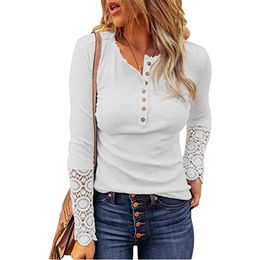 Frühling Herbst Frauen Spitze Shirts Spleißen Top Langarm Taste Schlank Tops T Patchwork Casual Blusen