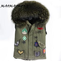 Winter Fur Vest Hooded British Style Army Green Colour Real Raccoon Collar Women Gilets Brand Sale 211120