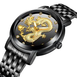 Wristwatches BIDEN Fashion Mens Watches Quartz Wrist Watch Creative Golden Drogon Sculpture Rhinestone Black Stainless Steel Luxury Man Cloc