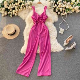 Korea Spring Summer Fashion Jumpsuit Women's V-neck Sleeve Pleated Slimming High-waisted Wide-legged Overalls R231 210527