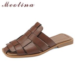 Meotina Women Gladiator Slippers Shoes Flat Sandals Square Toe Ladies Footwear Summer Brown Green Fashion Shoes Size 34-40 210608