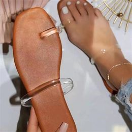 2021 Women Square Toe Thong Sandal Slippers Woman Transparent Solid Shoes Female PU Leather Ladies Summer Beach Plus Size 36-43 Y1120