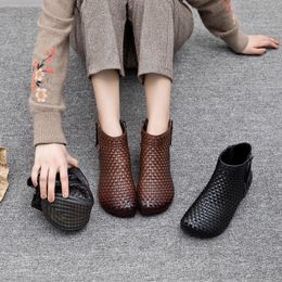 Boots Large Size Soft Leather Autumn Short Women's Flat Female's Mother's Retro Weave Zipper Shoes