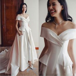 Designer Satin Dresses Off the Shoulder Jumpsuit Sweep Train Ruched Pleats Custom Made Plus Size Wedding Gown Vestido De Novia