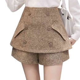 S-2XL Autumn Winter Shorts Boot Woollen Double-Breasted Skirt Zipper Texture Tweed Wide Leg Plus Size Black 210601