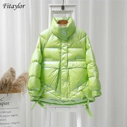 Fitaylor Winter Women Stand Collar Bright Colour Down Coat 90% White Duck Down Parkas Thickness Warm Oversize Snow Outwear 211126