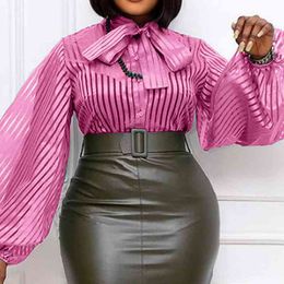 Women Blue Purple Blouses Striped See Through Long Lantern Sleeve Thin Transparent Tops Shirts Plus Size Female Fashion 210527