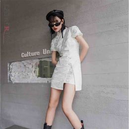 Women Vintage Dress Jacquard Short Sleeve Stand Collar Irregular Dresses Temperament Fashion Summer 2H718 210526