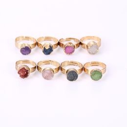 Colourful Natural Crystal Stone Druzy Gold Plated Adjustable Rings Party Club Decor Fashion Punk Jewellery For Women Girl Accessories