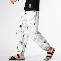 2021 Men Trend Print Chinese Style Casual Harem Pants Crane Loose Japanese Jogger Lightweight Ankle-Length Trousers Size M-5XL X0723